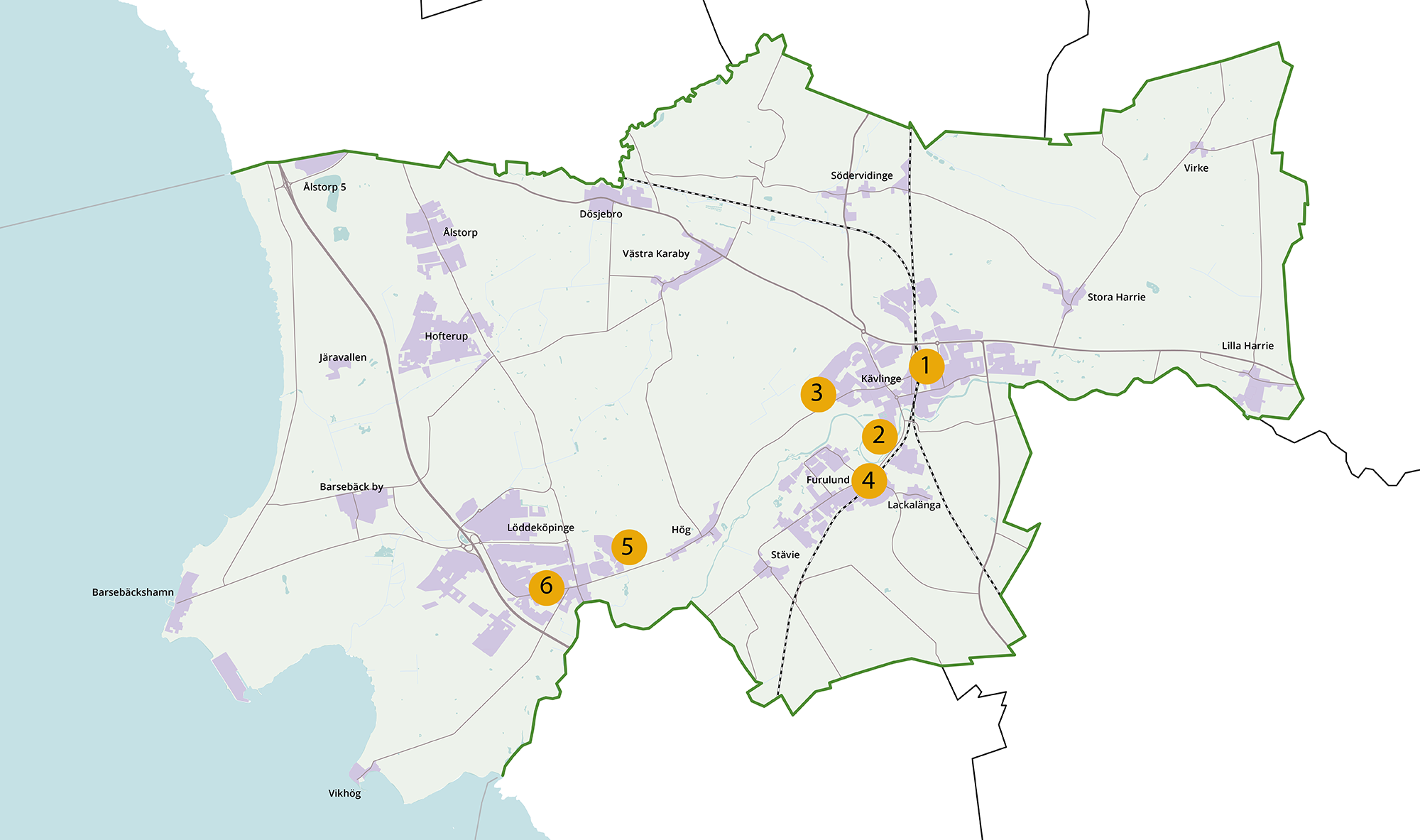 Översiktskarta Kävlinge kommun med orter