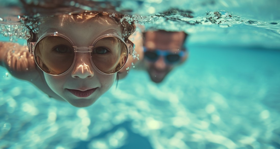 Bild under vatten på flicka och man som dyker med simglasögon.