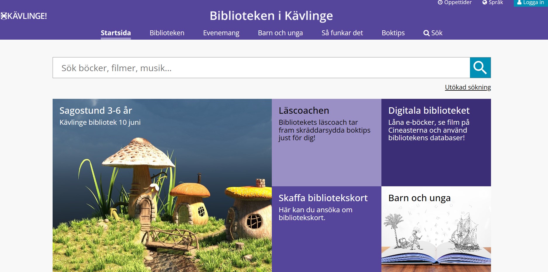 Startsidan bibliotekens webbplats.