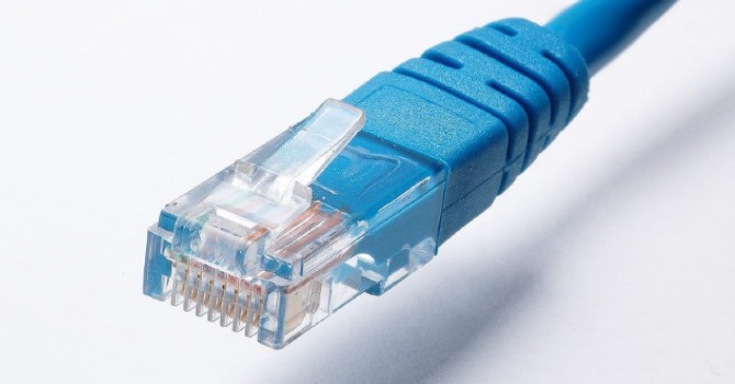 Närbild på ena änden av en blå nätverkskabel