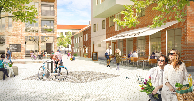 Illustration av den nya stadsdelen Stationsstaden. Bakom ett solande par syns tegelbyggnader, människor och uteserveringar på restaurang och café.
