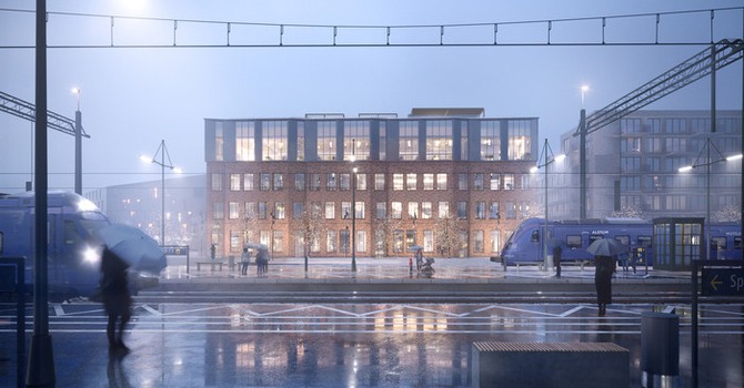 Visionsbild över Kävlinges nya kommunhus, sett från stationen. 
