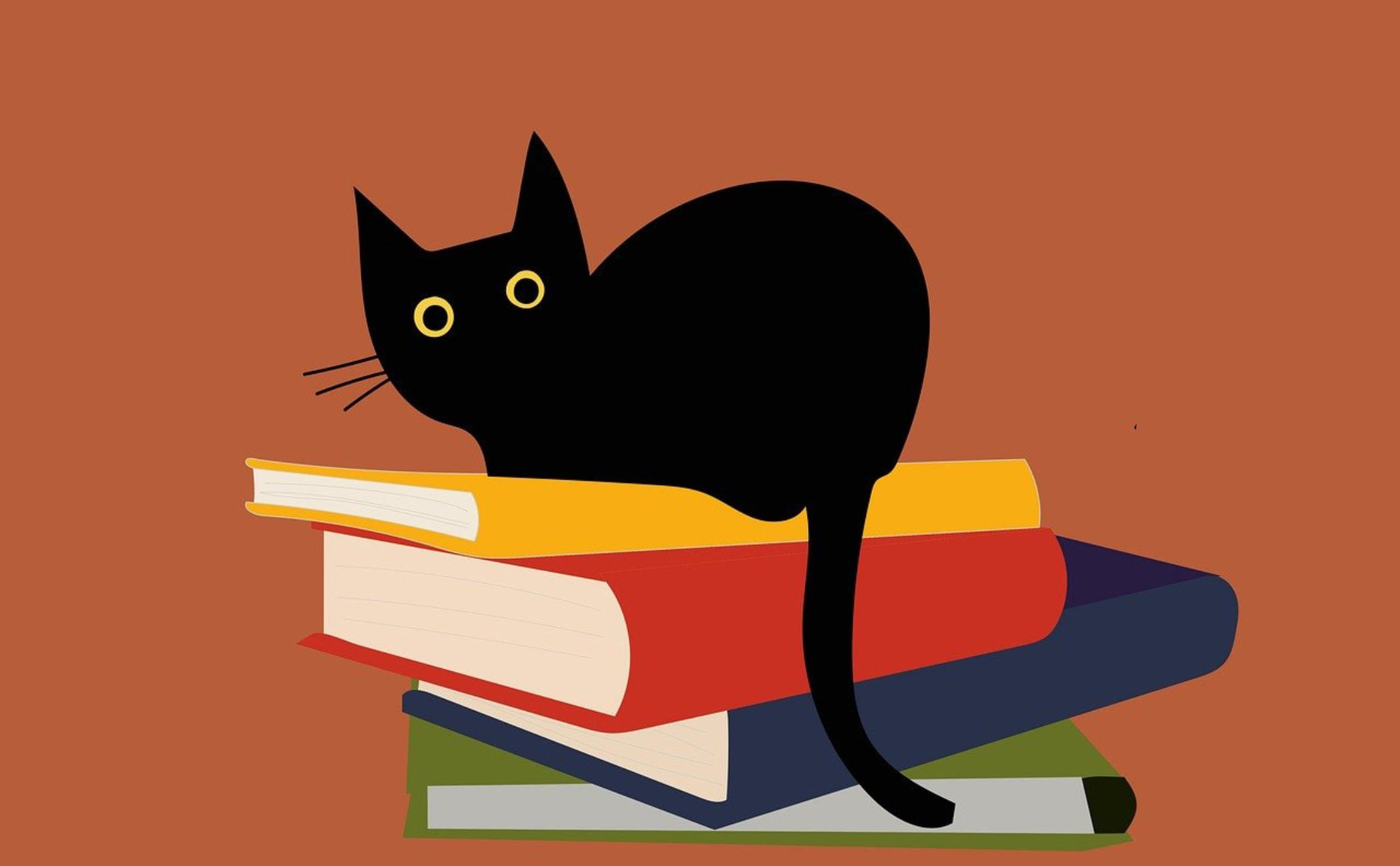 Svart katt sitter på en hög böcker